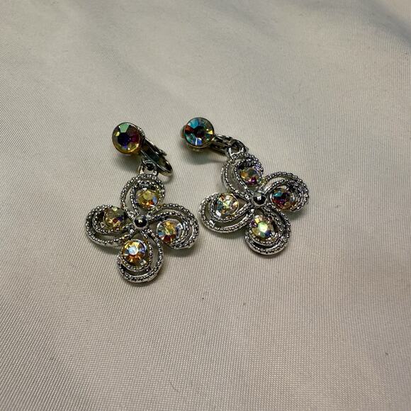 Aurora Borealis Crystal Clip On Earrings Vintage Silver Drop Flower Style - Picture 1 of 6